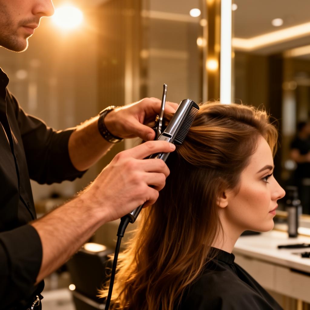 Coiffeur professionnel Fauvert au travail dans un salon premium